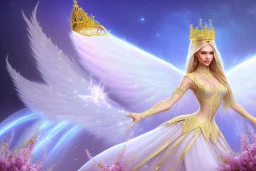 beautiful, very soft, smiling, very straight and long blonde hair, dewy and shiny vibe, diamond crown, long fairy wings in the back, full head, golden veil clothes, smiling, bachground light pink and blue