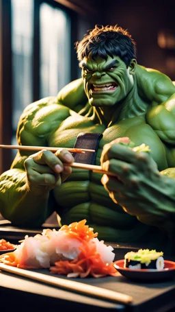 a hulk eating sushi with chopsticks, quality, full, beautiful light, raw photo, 8K UHD, police