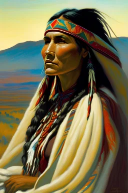 a beautiful native American woman in the foreground wrapped in a blanket as painted in the style of Frank Tenney Johnson