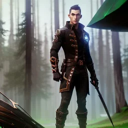 muscular male ranger, slender build, leather pants, black fur boots, belt, short beard, long brown hair, stoic, bow, green eyes, eyes are both in proportion, 3/4 look, standing, dark cobblestone alley, forest, fire behind, intense, non-photorealistic rendering in the art style of j.scott campbell