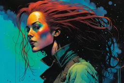 create an imaginative amorphous female interstellar cybernetic pirate with finely detailed facial features, short dreadlock hair, in a smokey alien bar, the comic book art style of Bill Sienkiewicz, Mike Mignola, and Jean Giraud Moebius, finely textured, drawn, colored, and inked