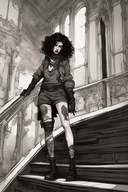 scarred cyberpunk vampire girl with tribal tattoos short curly dark cyberpunk hair descending the staircase in decaying gothic mansion with ornate dagger in hand at dawn