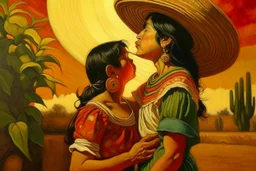 mexican woman and child kissing painting neoclassism whole body zoom the sun