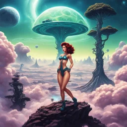 slim Sci-fi pin-up girl on an alien planet of cloud trees in the multiverse