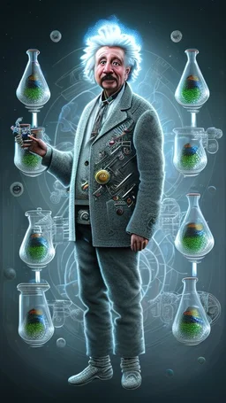 Albert Einstein, detailed and intricate calligraphy ink painting of a "cyborg Mad Scientist" holding beakers, outer space Background cosmic fractals, dystopian, concept art, unreal engine 5, god rays, ray tracing, RTX, lumen lighting, ultra detail, volumetric lighting, 3d, finely drawn, high definition, high resolution. award-winning: professional portrait: atmospheric: commanding: fantastical: clarity: 16k: ultra quality: striking: brilliance: stunning colors: amazing depth: masterfully crafted