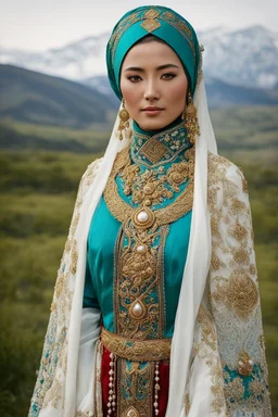 Gorgeous photography islamic Kazakhstan bride over the valley, half body, proud beauty, cap, scarf, embroidered islamic Kazakhstan women's princess dress of the 19th century, top dress "jan", cross fasteners bibs, caftan "kIekI", top swing dress "sai" emphasis on small details and pattern , intricate beautiful, rich, complex pattern, pearls, gold beads, cabochons, on leather and velvet, gold braid around the edge, garus, gimp, watercolor, ink drawing, hyperrealistic, art photo, folklore