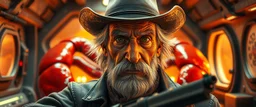 gritty air brush 3d with pen outline,seasoned handsome gunslinger western fluffy elder edgy hero with slightly glowing eyes and nudged dented skin in front of glistening space lobster dog, shallow depth of field, warm lantern, pin hole cam in doll house space ship, bottom floor board edge border