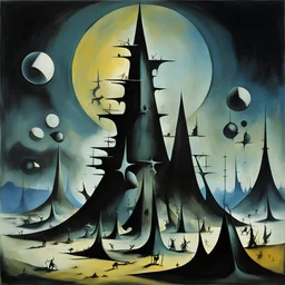 photogram of several distinct terriors each with a unique terrain, terriors are contained in circular pyramidal and square shapes, expansive, sinister, dark vibrant colors, contrasting colors, cel shaded, surreal, by Yves Tanguy, by Ashley Wood, smooth matte oil painting, meander art