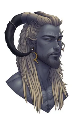 A tieffelin with blue skin and white Dreadlock hair. His pupil-less eyes are green. He wears a small beard.