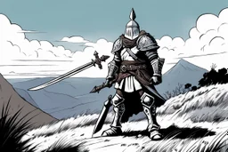 Bone Helm wait with his flail and his sword on the top of the hill (Based of the comic book Head Lopper & The Crimson Tower By Andrew Maclean with Jordie Bellaire)
