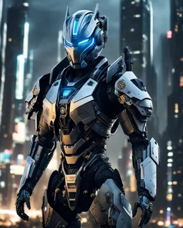 Create an image of a Cyberpunk Robot in a highly detailed and advanced armored suit, similar to the one shown but with even more intricate designs and cool features. The armor should have a sleek, futuristic look with glowing elements and enhanced gadgets visible on the suit. The setting is at dusk in an urban environment, with the character standing on a high-rise building overlooking a futuristic cityscape that reflects the advanced technology of the world they are protecting.