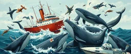 collisions, aggression, ship hitting animals, animals interacting with vehicles, whales near boats, overlapping subjects, chaotic composition, distortion, surreal behavior, violence, confusion, merged objects, cartoon, painting, low realism, watermark, text