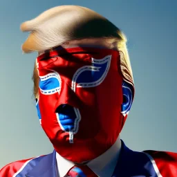 realistic image of donald trump as a mexican wrestling fighter posing outdoors, Mexican eyes wrestling mask, red and blue breeches, confederate flag cape, retro style, 80s, vibrant color, highly detailed, sky background, concept art, unreal engine 5, god rays, ray tracing, RTX, lumen lighting, ultra detail, volumetric lighting, 3d, finely drawn, high definition, high resolution.