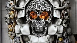 hundreds of anatomically correct, human skulls stacked into a wall unusual neon lighting, high octane, 64k, dystopian, vray, a picture of a dark, comedic, anatomically correct wall of colorful tightly packed skulls of varying sizes and expressions, photo-realistic, insanely meticulous, highly detailed,, 64k, dystopian, vray