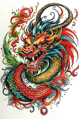 neo traditional chinesse dragon with long lion's mane