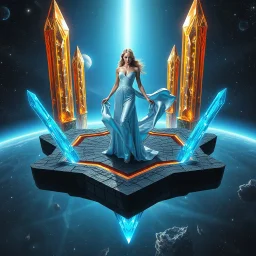 A breathtaking cosmic fantasy scene featuring a stunningly realistic beautiful woman with a perfect face and sculpted figure standing gracefully at the center of a floating geometric platform in deep space. She wears an elegant flowing gown in vibrant silver and blue hues that billow around her perfect form. The platform is constructed from dark cobblestone-like blocks arranged in a star shape. Surrounding her are magnificent crystalline towers and pillars in gold, amber, and electric b