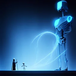 The Grim Reaper and the Skeleton in Tron world, discussing the future of the universe, art by Magritte and Pixar