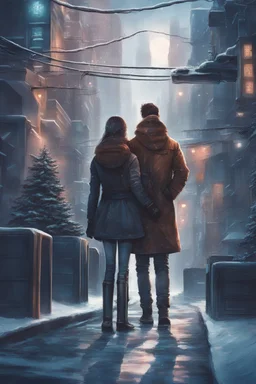 Science fiction, cyberpunk, city street, couple girl and guy, together, love at first sight, forbidden love, winter