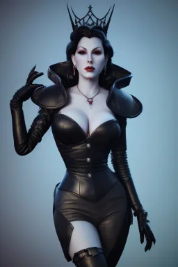 Lana Turner as evil queen in black leather, leather, busty, cleavage, angry, stern look. character design by cory loftis, fenghua zhong, ryohei hase, ismail inceoglu and ruan jia. unreal engine 5, artistic lighting, highly detailed, photorealistic, fantasy