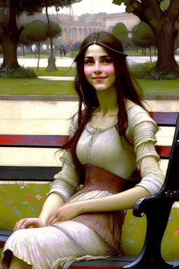 Smiling woman sitting on a park bench. John William Waterhouse