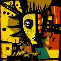 Strychnine totem, abstract surrealism, by Ray Johnson and Dave McKean, silkscreened mind-bending illustration; warm colors, off-centered fragmented composition, multiple stages of grief, dark shines war,