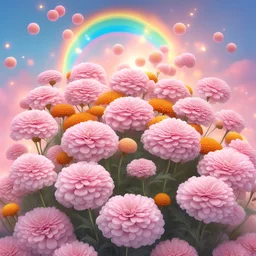 photorealistic image of a bouquet of pastel pink marigolds with sparkles, in the sky, rainbow, dreamy magical ambience, glowing orbs floating around