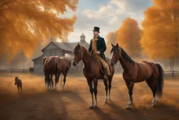 Fascinating, ultra-realistic nature in the photo. Golden autumn. A 32-year-old man in 19th-century Russian clothes walks towards the horses with his head raised to the sky, a smile on his face. In the background, the Russian estate of a 19th-century nobleman and three horses stand at the outhouse.