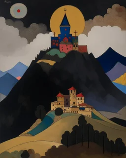 A dark brown mountain with a brick castle painted by Wassily Kandinsky