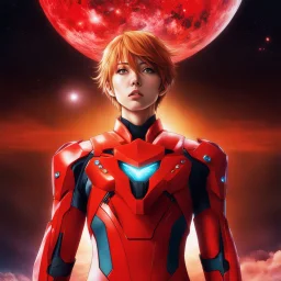 (masterpiece, best quality, highres:1.2), (photorealistic:1.2), (film grain:1.3), (morbid light:1.2), (dynamic angle), raw photo, (Asuka Langley), Man giving tribute to the sky between macrocosm and microcosm in high detailed Evangelion textured red suit, (ultra-detailed body), (light smile:0.8), (dynamic pose), moonlight passing through hair, (abstract colorful art background:1.3), (sharp), exposure blend dim light, (hdr:1.4), high contrast, (muted colors, dim colors, soothing tones:1.3)