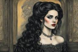 create a 3/4 profile, full body oil pastel of a dark haired, savage, ornately dressed, gothpunk vampire girl with highly detailed , sharply defined hair and facial features , in a smokey 19th century drawing room in the style of JOHN WILLIAM WATERHOUSE