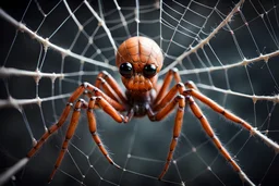 A hyper detailed, hyper realistic photograph of a beautiful female humanoid spider sitting in her web. Her face looks sad and confused 3D with depth of shadow