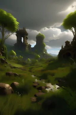 very creative Ultra-realistic image, AI Style Transfer on, UHDQ and UHDS settings ancient ruins of Tolkien's world, very lush and varied vegetation, Clouds and landscape are subtly rendered, contributing to the overall ethereal quality of the image, AI Denoise on, AI Enhance on, Lumen on, RTX ON