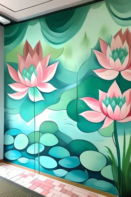 Create handpainted geometric wall mural with serene lotus flowers in a tranquil pond, using a color palette of soothing blues, pinks and greens."