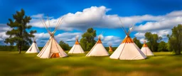 Prairie landscape, living skies, 1 large teepee and 3 smaller teepees, near trees, historically authentic, summer
