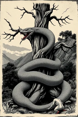 "image_description": "overall_scene": "A vintage-style monochromatic illustration depicting a giant snake against a vast, atmospheric landscape backdrop.", "foreground": "serpent": "description": "A giant snake coils around a giant tree. Its scales are highly detailed, and its form is imposing and powerful.", "details": "The snake's body is wrapped around the thick branches of the tree, illustrating its immense size and strength." "background": "landscape": "descrip