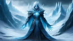 A fearsome ice wraith, evil spirit, bright blue eyes, a shimmer of blue magic; frozen landscape, glacier in the background