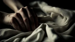 close up photo from a thin female hand holding a crumpled old linen sheet, old, rural environment, low light, dramatic, thriller atmosphere, high detailed, sharp focus, high realistic, perfect photo