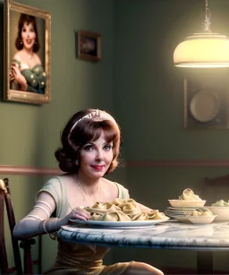 Ultra realistic photographic portrait, happy elegant Gina Lollobrigida woman sitting with arms resting on Italian kitchen table, pretty tortellini dish, classic style decoration, cold, soft color, highly detailed, unreal engine 5, ray tracing, RTX, lumen lighting, ultra detail, volumetric lighting, high definition.