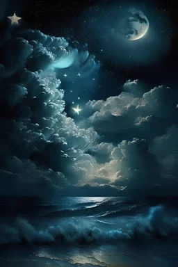 stars with clouds waves enchanted moon