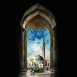 jamkaran mosque in Iran has more blue green color and gold for pattern islamic in the dome . one big domes with beautiful lighting . white Daffodil flower in the floor , clouds with small birds in sky with crescent moon of ramdan . painting watercolor ,simple and islamic style , Painting watercolor