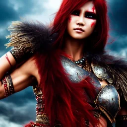 Barbarian anime character, animal hide armor, physically fit, tribal tattoos, scars, washboard abs, red facepaint, red hair, dark eyeshadow, intricate eyeliner, soft round eyes, beads in hair, 8k resolution, cinematic smooth, intricate details, vibrant colors, realistic details, masterpiece, oil on canvas, smokey background