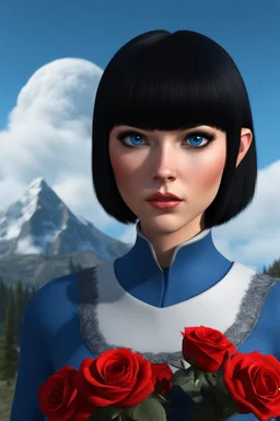 3D Werewolf - full body - Horror of the Planet of the Werewolves - black hair, Deep Blue Eyes - head and shoulders portrait - Lenna, part wolf, part human, short, bowl-cut, straight black hair, the bangs cut straight across the forehead, she resembles a wolf, and she resembles Spock - Mountains, blue skies, clouds, red roses, blue roses, yellow roses, honeysuckle roses, carnations, lilacs, professional quality, 32k, UHD, glossy, 1080p, Extremely high resolution Digital photograph