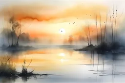 beautiful lake sunrise on a misty morning. in the hieght of fall. Gothic Vintage Watercolour art