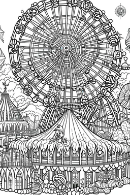 A haunted carnival with ghostly rides, creepy clowns, and a ferris wheel. Outline, sketch style, only use outline, mandala style, clean line art, white background, no shadows, no clear wall, coloring page.