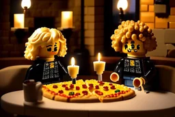 blonde lego girl and curly black haired lego boy eating lego pizza in an italian restaurant in candlelight