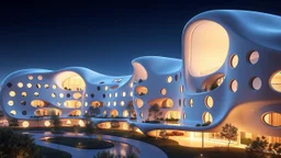 A futuristic residential complex designed with smooth, flowing curves inspired by natural forms. The buildings are constructed from innovative, translucent materials that allow for ample natural light and feature numerous round windows arranged in organic patterns. Award-winning photograph, beautiful composition, exquisite detail and illumination