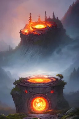 A Epic circular biomechanical fire ring portal, in middle of surreal hills, surrounded with beautiful cloud mist, art by Jordan Grimmer, high level of details