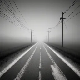 An empty road on a misty day. Telegraph poles and wires. Muted tones. Tilted horizon. With blotches, blurry areas and lens noise and grain. Photo 4k