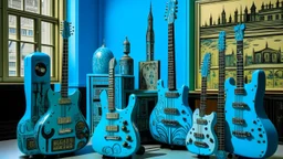 A cyan noisy city with instruments designed in German folk art painted by Andy Warhol