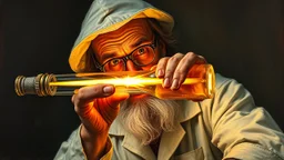 pin hole cam, master oil painting by Rembrandt, realistic rendering of crazy scientist holding a holy neon glowing super power tube gensis vial